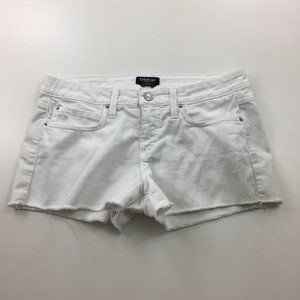 BEBE Optic White Raw Edge Icon 5 Pocket Logo Hardware Cut Offs Denim Shorts